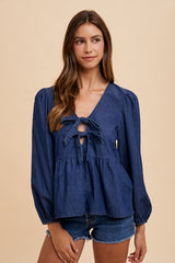 Annie Wear Women's Tie Front Peplum Long Sleeve Denim Top