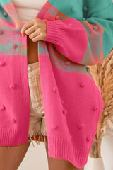 BiBi Color Block Ponpon Sweater Cardigan - Trendy Knitwear with Pom Pom Details