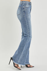 RISEN Women's High Waist Raw Hem Flare Jeans - Retro Chic Denim for Fashion-Forward Styles