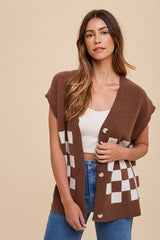 Stylish Checkered Button Down Short Sleeve Cardigan for Women by Annie Wear