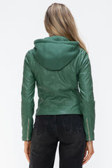 Snobbish Faux Leather Hooded Jacket with Zip-Up & Drawstring