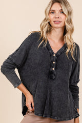 Mittoshop Women's Washed V-Neck Long Sleeve Blouse - Vintage Style, 100% Cotton