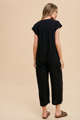 Annie Wear Women's Button Detail Wide Leg Jumpsuit with Pockets - 100% Cotton, Trendy and Comfortable