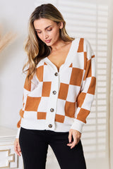 Trendy Checkered Button-Up V-Neck Cardigan with Dropped Shoulders