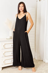 Trendy Full Size Soft Rayon Wide Leg Jumpsuit with Tied Spaghetti Straps