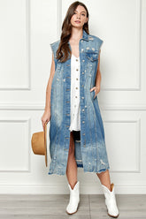 Veveret Full Size Sleeveless Distressed Longline Denim Jacket for Women