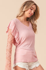 BiBi Women's Ruffled Lace Sleeve Rib Knit Top - Elegant & Versatile Fashion