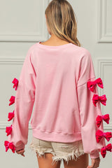 BiBi Velvet Ribbon Bow Long Sleeve Sweatshirt - Elegant Women's Top with Round Neck
