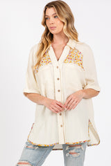 SAGE + FIG Women's Floral Detail Short Sleeve Cotton Button-Up Shirt