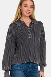 Zenana Women's Washed Cotton Half Button Long Sleeve Sweater - Casual Chic