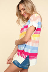 Haptics Women's Striped Side Slit Knit Top - Versatile Short Sleeve Style