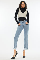 Kancan Women's Raw Hem High Rise Straight Jeans - Chic Denim Style