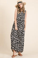 BOMBOM Women's Leopard Print Maxi Dress with Pockets & Shirred Waist - Chic & Comfortable