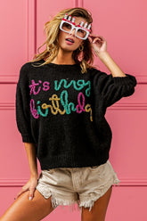 BiBi Metallic Letter Puff Sleeve Hairy Sweater – Stylish & Cozy Winter Fashion