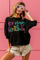 BiBi Metallic Letter Puff Sleeve Hairy Sweater – Stylish & Cozy Winter Fashion