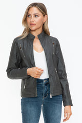 Chic Faux Leather Zip-Up Mock Neck Jacket for Versatile Style