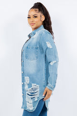 American Bazi Women's Distressed Denim Jacket - Trendy Button-Up Long Sleeve