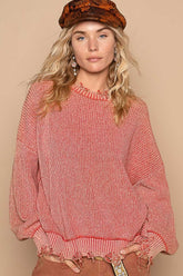POL Distressed Washed Drop Shoulder Sweater - Edgy & Cozy Fashion Essential