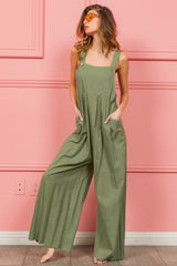 BiBi Ruched Wide Leg Overalls with Pockets - Trendy Cotton-Linen Blend
