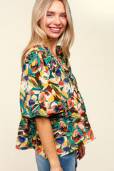 Haptics Full Size Frill Floral Puff Sleeve Peplum Blouse - Elegant & Romantic Women's Top