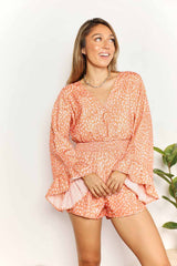 Double Take Printed Flare Sleeve Surplice Romper with Smocked Detailing