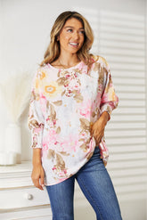 Elegant Floral Round Neck Three-Quarter Sleeve Women's Top