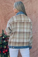 Trendy Full Size Washed Denim Brushed Plaid Jacket - Stylish and Versatile Outerwear