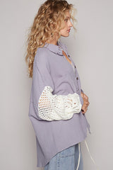 Trendy POL Openwork Lantern Sleeve Gauze Shirt for Women - Button Down, Cotton Fabric