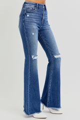 RISEN High Rise Distressed Flare Jeans with Raw Hem - Full Size Trendy Women's Denim