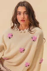 BiBi Women's Ruffled Crochet Flower Sweater with Dropped Shoulders – Elegant & Comfortable