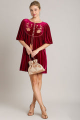 Umgee Velvet Mini Dress with Embroidered Half Sleeves and Tassels