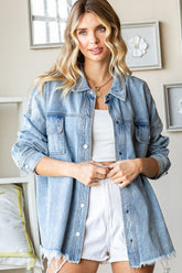 Trendy Button Down Smiley Face Raw Hem Denim Jacket - First Love