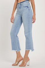 RISEN High Rise Raw Edge Crop Jeans - Stylish Denim with Modern Raw Hem
