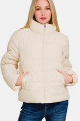 Zenana Women's Zip Up Turtleneck Puffer Jacket with Pockets - Stylish and Warm Winter Essential