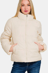 Zenana Women's Zip Up Turtleneck Puffer Jacket with Pockets - Stylish and Warm Winter Essential