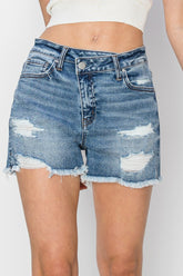 RISEN Stepped Waist Frayed Denim Shorts - Trendy Summer Fashion