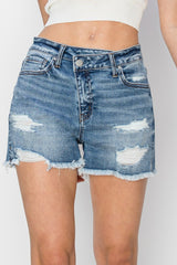 RISEN Stepped Waist Frayed Denim Shorts - Trendy Summer Fashion