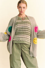 Davi & Dani Cozy Fuzzy Smile Cardigan - Stylish Open Front Long Sleeve