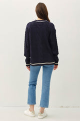 Be Cool Women's Contrast Trim Cable-Knit V-Neck Cardigan - Elegant Buttoned Sweater
