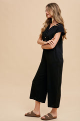 Annie Wear Women's Button Detail Wide Leg Jumpsuit with Pockets - 100% Cotton, Trendy and Comfortable