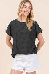 BOMBOM Women's Textured Floral Pattern Short Sleeve T-Shirt - Versatile & Stylish