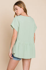 Cotton Bleu by Nu Lab Women's Ruched Notched Short Sleeve Cotton Blouse - Elegant & Versatile