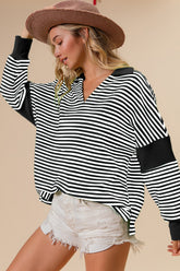 BiBi Women's Striped Contrast Long Sleeve Knit Top - Stylish and Versatile