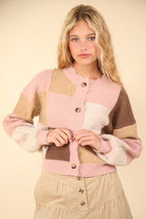 VERY J Women's Color Block Button Down Cardigan - Crop Length, Drop Shoulder Design, Soft Texture