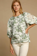 Umgee Floral Blouse with Pleated Details and Lace Trim Sleeves