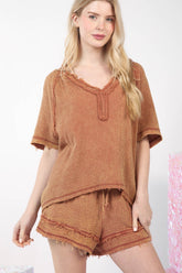 Trendy Washed Cotton Crinkle Gauze Top & Shorts Set with Frayed Hems