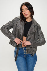 Coalition LA Vegan Leather Zip-Up Biker Jacket with Belt - Chic & Edgy Design