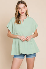 Cotton Bleu by Nu Lab Women's Ruched Notched Short Sleeve Cotton Blouse - Elegant & Versatile