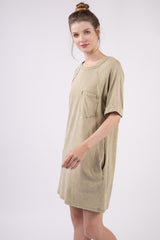 VERY J Washed Cotton Round Neck Mini Tee Dress - Casual & Chic