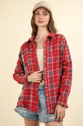 VERY J Women's Plaid Raw Detail Oversized Fall Shirt - Button-Down Fashion